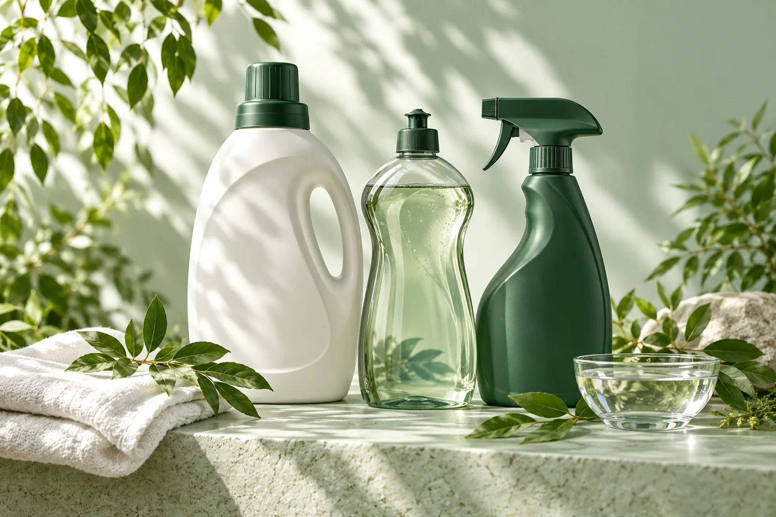 Cleaning essentials arranged with fresh leaves and soft linen